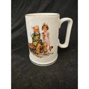 Vintage 1986 Norman Rockwell The Cobbler Coffee Mug The Museum Gold Trim White